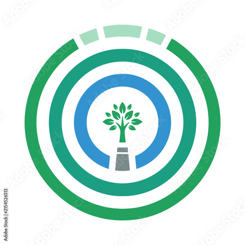A circular graphic design featuring a stylized green tree icon