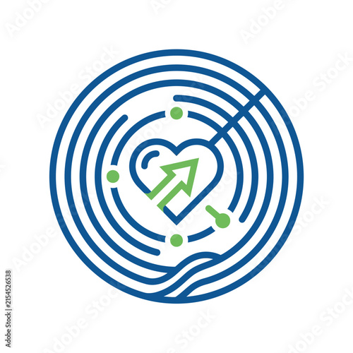 A circular graphic design featuring a stylized heart and arrow