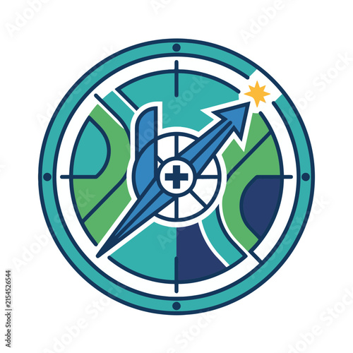 A circular graphic design featuring a stylized navigation compass icon