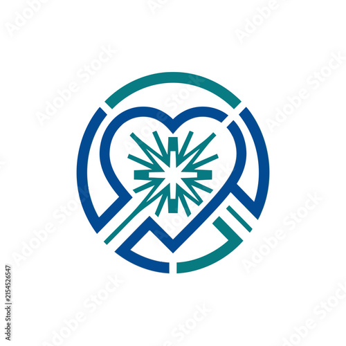 A circular graphic design featuring a stylized heart and star