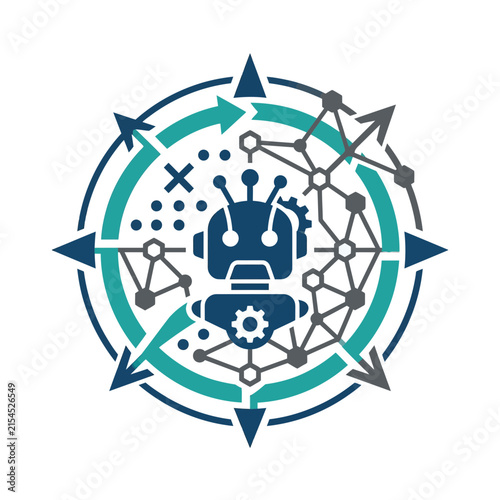A circular graphic design featuring a stylized robotic character icon