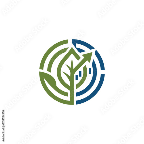 A circular graphic design featuring a stylized leaf and arrow