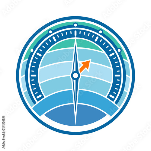 A circular graphic design featuring a stylized navigation compass icon