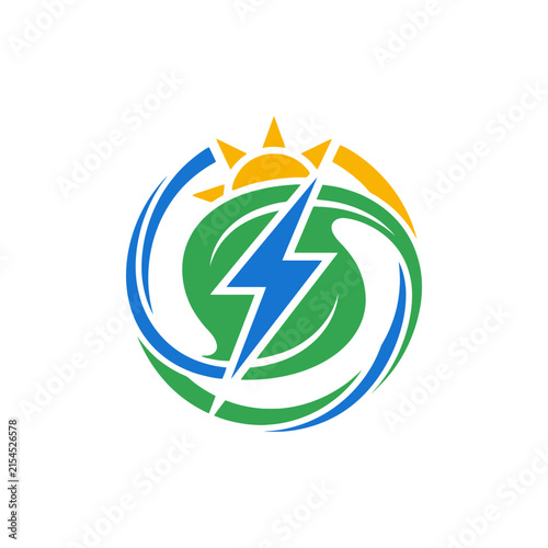 A circular graphic design featuring a sun and lightning bolt icon