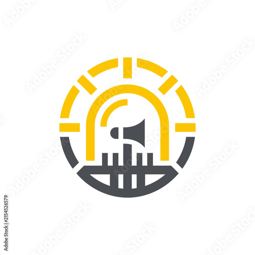 A circular graphic design featuring a stylized sun and megaphone