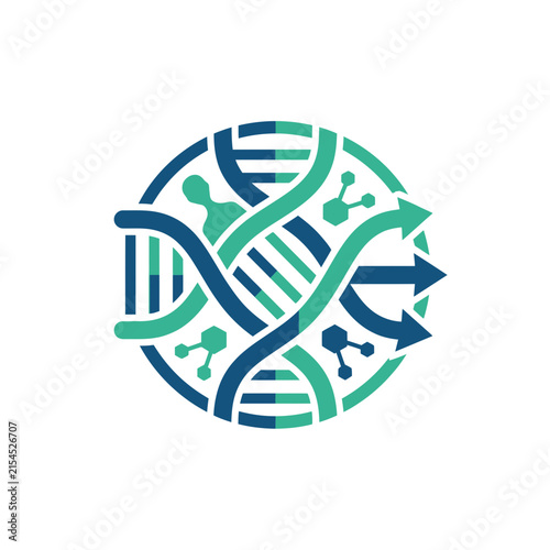 A circular graphic design featuring abstract genetic and scientific symbols