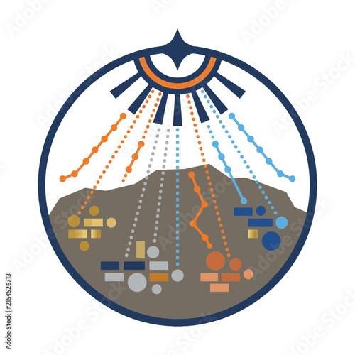 A circular graphic design featuring abstract geometric shapes and lines