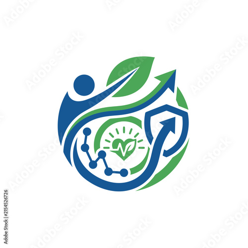 A circular graphic design featuring abstract growth and health symbols