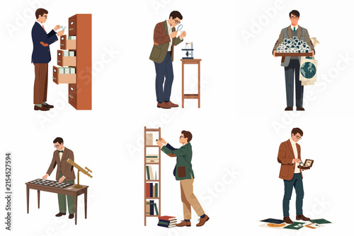 Bild auf Leinwand Flat Vector Illustration Set of Men as Researchers, Archivists, and Collectors E