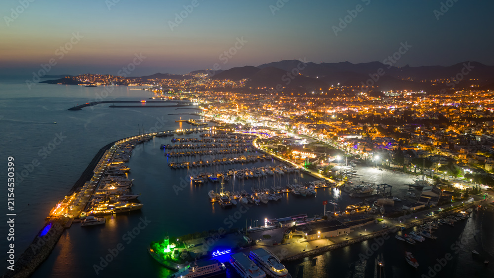 Fototapeta premium Aerial Night View of Bodrum Marina and Coastline at Dusk