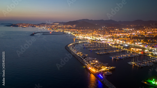 Bild auf Leinwand Aerial Night View of Bodrum Marina and City Lights at Dusk