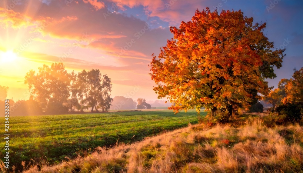 Fototapeta premium Autumn maple tree glowing at sunrise over fields