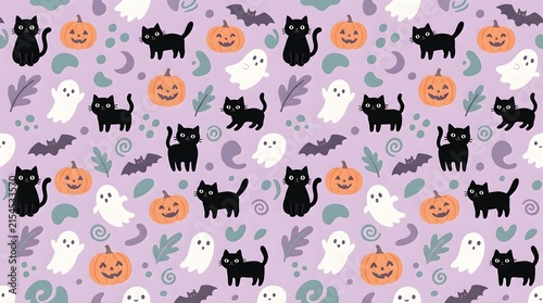 Seamless halloween pattern with cute cats, ghosts, pumpkins and bats on purple background