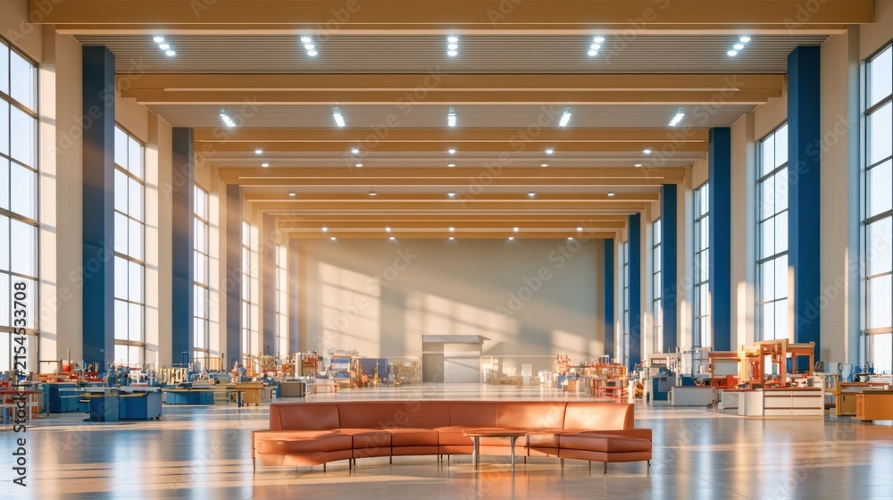 Fototapeta premium Wide factory interior with tall windows casting light shafts across modern workspace