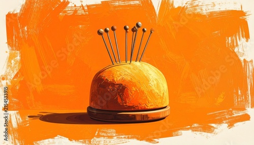 Pincushion with Pins on Orange Background.