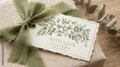 Elegant paper gift tag with green ribbon and floral hand drawn design