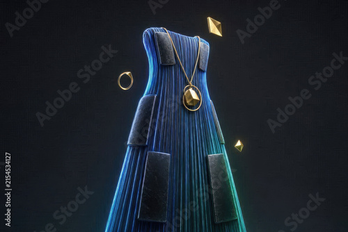 Futuristic 3D Ancient Egyptian Dress Woven from Glowing Fiber Optics.