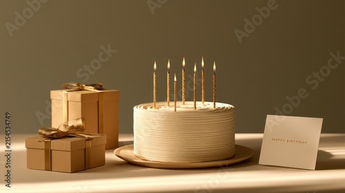 Elegant birthday scene, stylish cake with candles, luxury gift boxes, and a sophisticated greeting card. 
