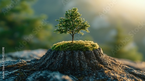A small tree grows atop a moss-covered stump