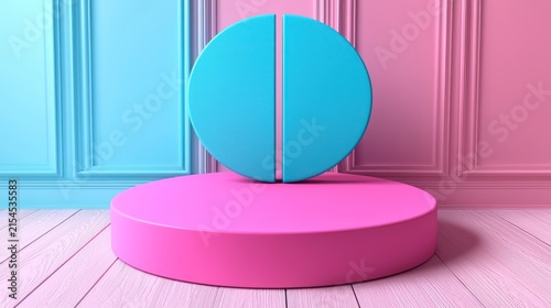 3D scene with pink podium and blue/pink split