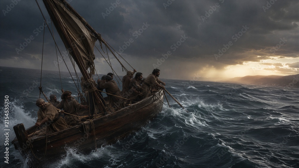 Obraz premium Men in old wooden boat on storm at Sea of Galilee. Group of men fighting waves on sailing ship. Biblical scene of disciples during tempest. Faith, spiritual trial and danger.