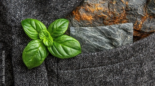A Basil leaf and rocks in a tweed pocket