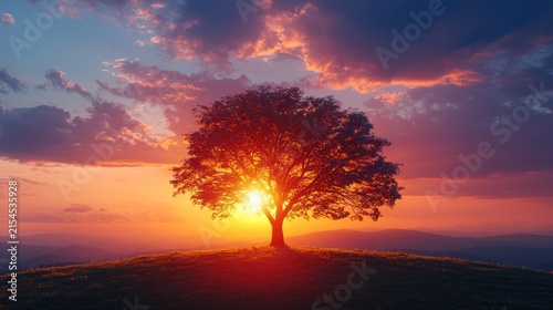 A tree silhouette against a fiery sunset sky