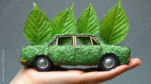 A car covered in green leaves held in a hand