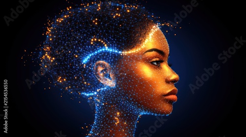 A woman's profile merges with glowing particles
