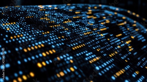 A field of glowing, digital blue and orange lights