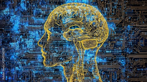 A yellow brain and neck against blue circuit board