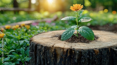 A flower growing from the center of a tree stump