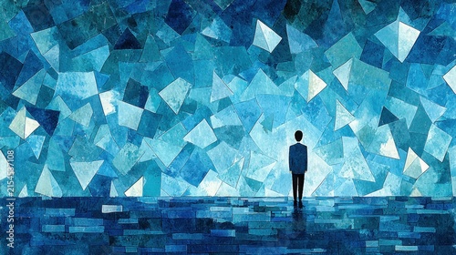 Abstract art of a man gazing at geometric forms