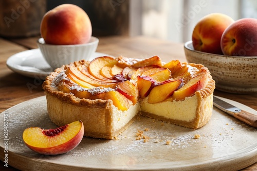 Homemade peach tart with sliced fresh peaches on a buttery crust, served on a ceramic plate with whole peaches in the background, warm natural light and cozy bakery atmosphere.