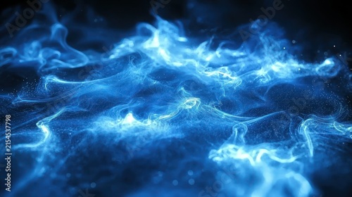 Abstract blue smoke-like wisps, low angle, dark bg