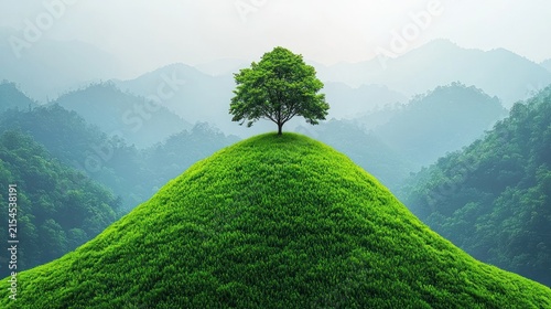A lone tree atop a vibrant green grassy hill