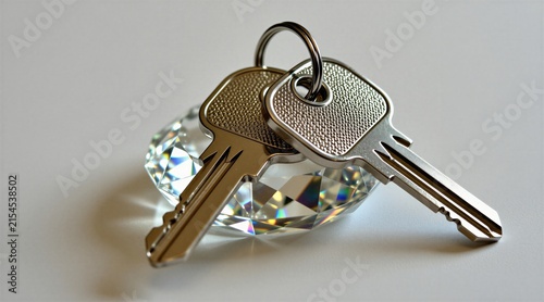 Two metallic keys sit on a faceted crystal keychain. This image symbolizes ownership access security and luxury for real estate or personal property.