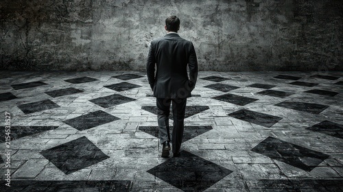 A man walks alone on a checkered floor pattern
