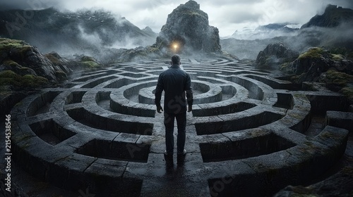 A man confronts a stone maze, mountains beyond