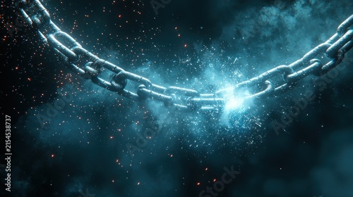 A metal chain breaks with spark and mist effect