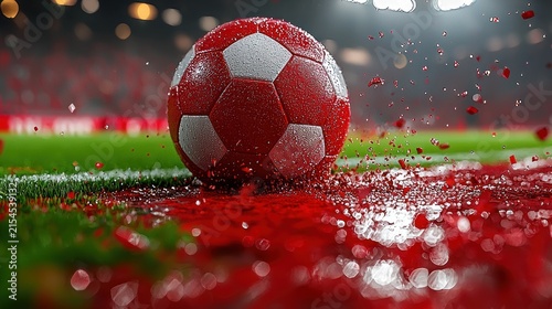 A red and white soccer ball amidst red liquid
