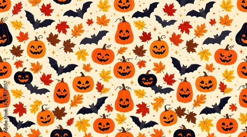 Seamless pattern with jackolantern pumpkins, bats, and autumn leaves on a light beige background