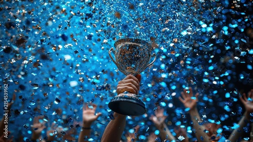 A raised trophy in falling blue confetti