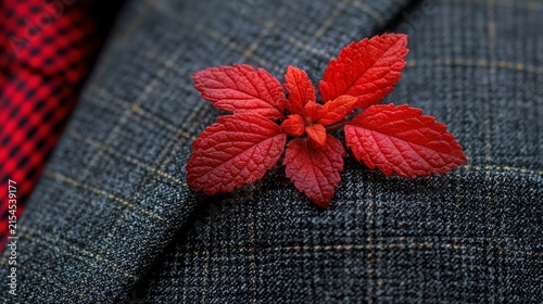 A red leaf on a grey checkered suit jacket