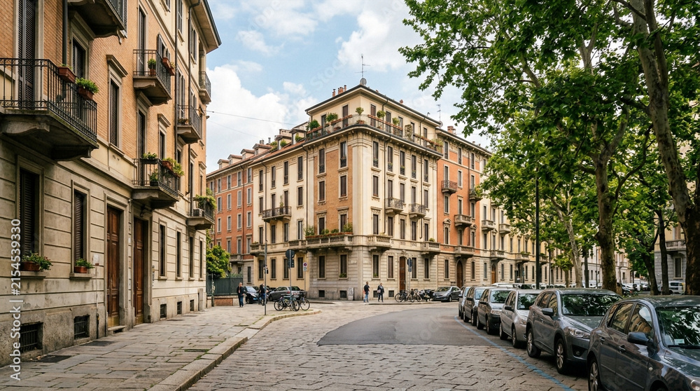 Obraz premium European city street with elegant historic buildings and parked cars under a bright sky