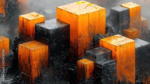 Abstract cityscape of glowing blocks on dark base