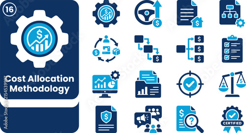 Cost allocation methodology icon set illustrates corporate expense management and financial tracking.
