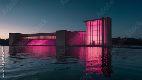 sunset over the river, modern house