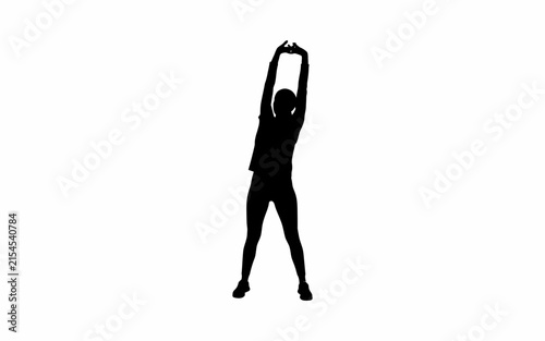 Принти на полотні Silhouette of a woman stretching with arms raised against a white background