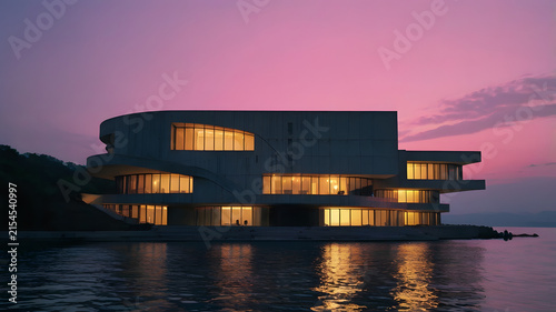 sunset over the river, modern house